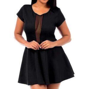 Size 1X 16 SEXY BLACK PEEK-A-BOO MESH PANEL FIT & FLARE DRESS Skater‎ Club PLUS